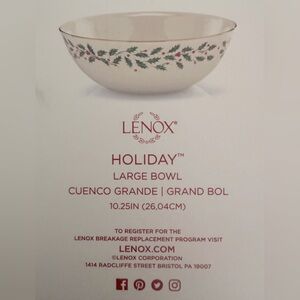 LENOX Large HOLIDAY bowl - excellent condition - with box - get ready for XMAS